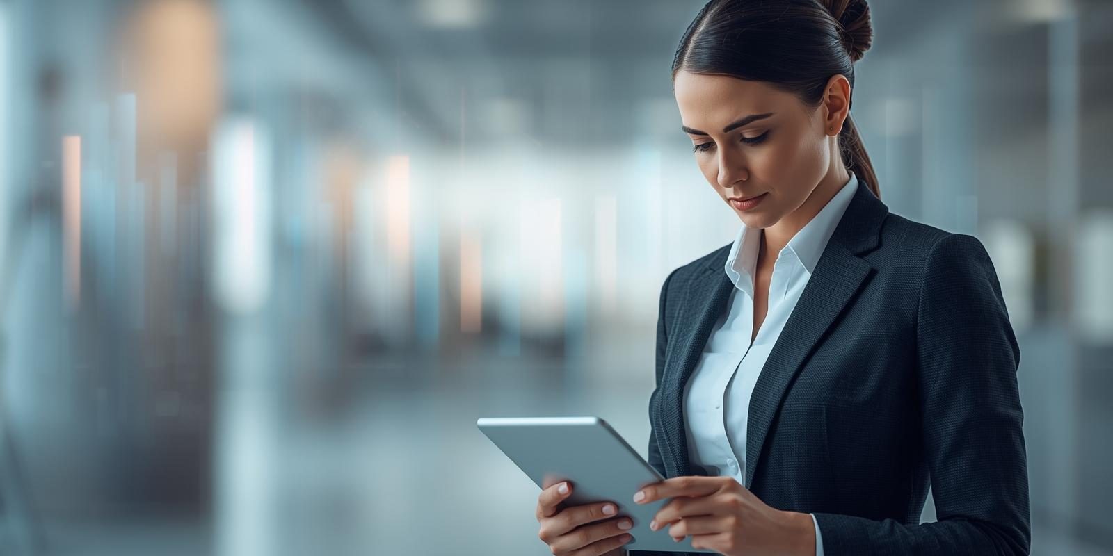 donna in completo che legge da tablet con sfondo ufficio grafica